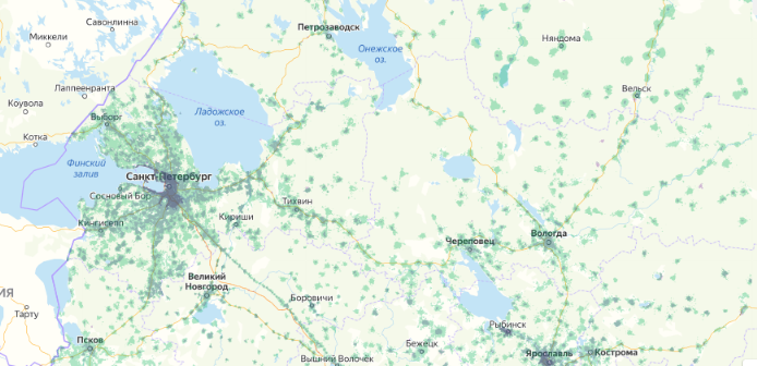 Зона покрытия МТС на карте Астрахань 